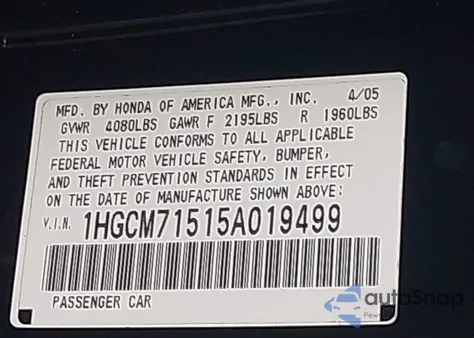 2005 Honda Accord 2.4 Lx Special Edition из США, поврежденный, VIN 1HGCM71515A019499